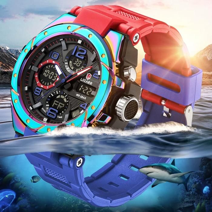 hommes sport hommes étanche 5ATM réveil analogique numérique LICARR hommes montre double affichage à Quartz montre cadeau