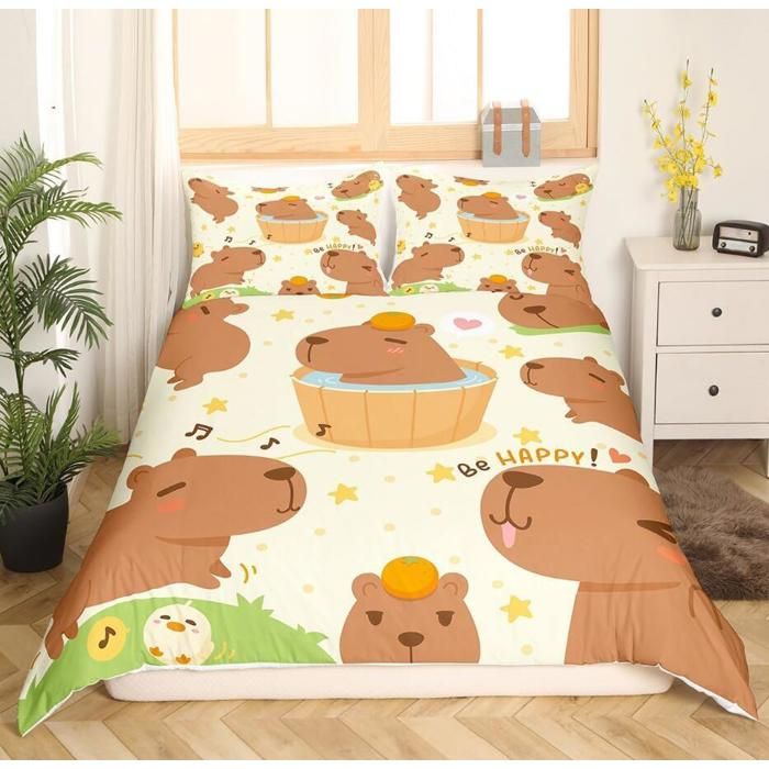 220x240cm Parure De Lit Capybara Marron Mignon Housse De Couette Cadeaux pour Enfant Garçon Fille Literie Set avec Motif Floral