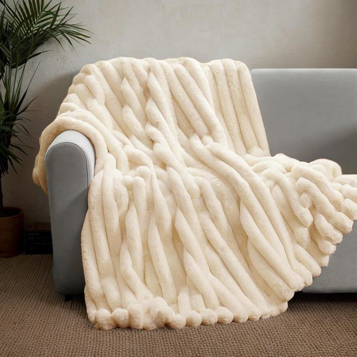 Plaid velours beige 100×160 cm – double couche lapin artificiel ultra doux/confortable canapé Label