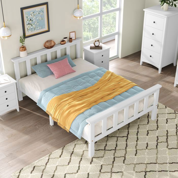 Lit simple - Memkey - 90 x 200 cm - Bois massif blanc - Sommier à lattes tête de lit