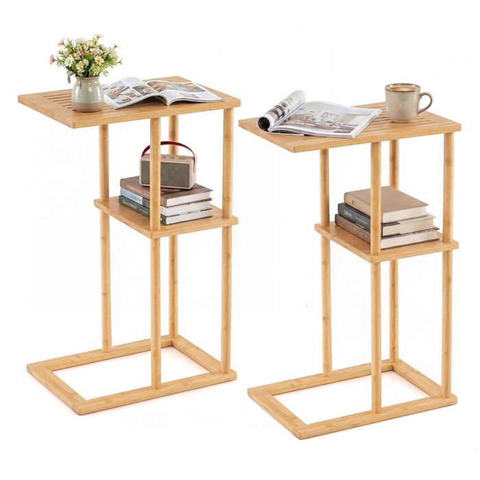 COSTWAY Lot de 2 Tables dAppoint 40x28x65cm avec Étagères de Rangement et Structure en Bambou pour Salon Chambre Gain de Place