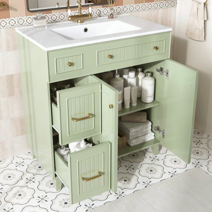 Meuble vasque sur pied - LANGTU - 817 cm - Vert laqué - Vasque céramique - Pieds pin massif