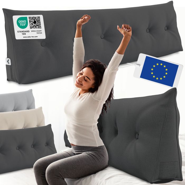 ELONEO coussin dossier lit 180 cm coussin triangulaire de lecture cale-dos avec housse lavable et poche latérale anthracite