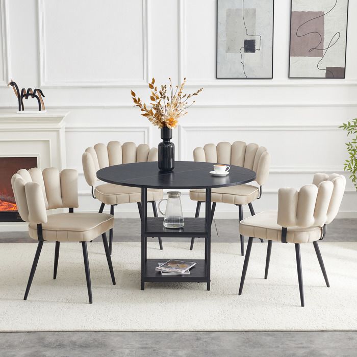 Ensemble table et chaises style industriel - Table ronde 107 cm - Double niveau de rangement - 4 chaises marron clair