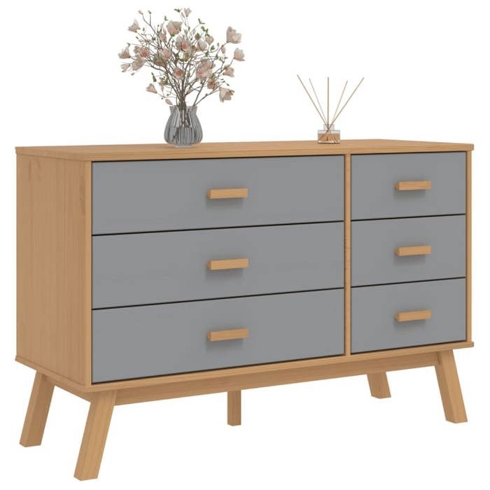 2026 dété@ Commode Armoire de chambre - JILLS - Buffet bas à tiroirs - OLDEN gris et marron - Bois de pin solide LH8537