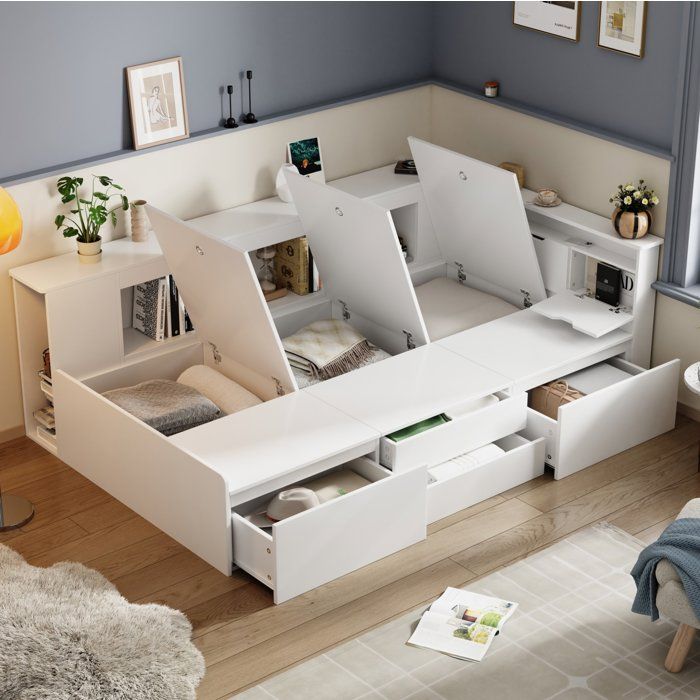 Lit enfant blanc multifonction avec tiroirs bibliothèque et rangements