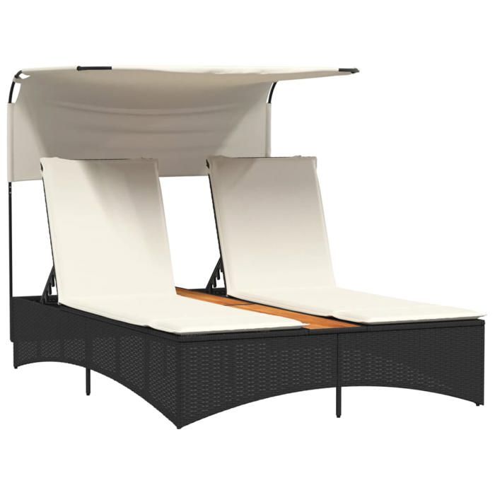 67557& CHIC Chaise longueBains de soleil transat dextérieur double et auvent et coussins noir - résine tressée - 136x202x140 cm