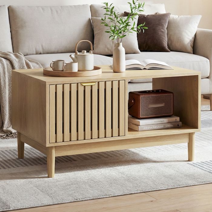 Table Basse - 80x50x45cm Tables dAppoint - Table Basse Rotin Cannage avec 1 Tiroir et Espace de Rangement Ouvert - couleur chêne