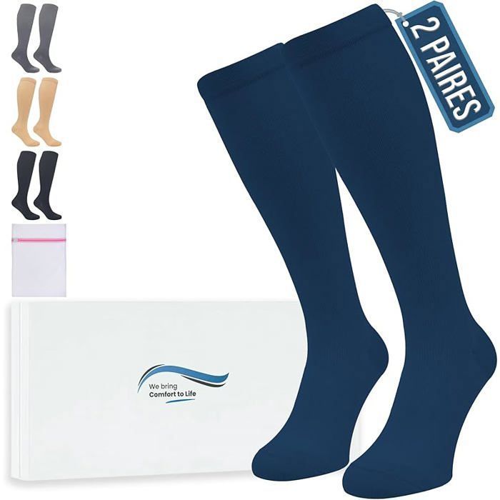 Bas de Contention - 2 Paires Couleur Unie Chaussettes de Compression Femme et Homme - Idéales pour Vols 2Paire-Bleu XXL