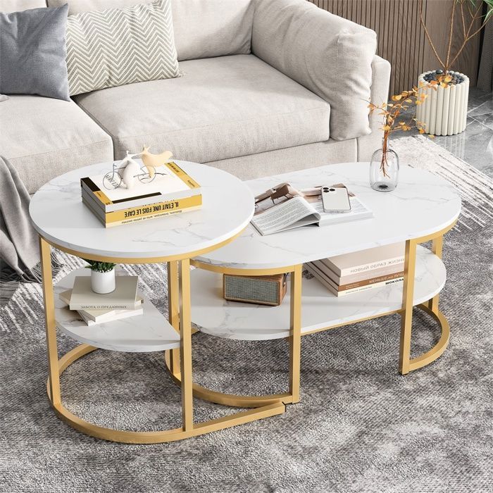 Tables Basses - Lot de 2 Tables Basses Gigognes - Format Rond et Ovale - Double Étagère de Rangement - Blanc et Doré