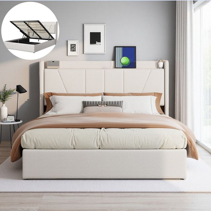 Lit Coffre 140x200cm Lit Double à Stockage Sous Lit Tête de Lit Rembourrée avec Port USB/Type-C Sommier à Lattes Lin Beige