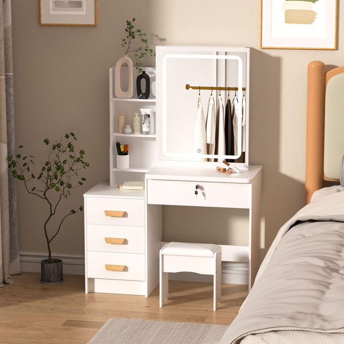 Coiffeuse élégante - WILITTO - Table de Maquillage - LED avec 3 Modes déclairage - 4 Tiroirs et Étagères Ouvertes - 90x37x135cm