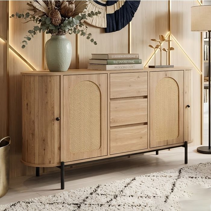 Commode Sideboard Ovale Bois 140x38x77.5cm 4 Portes dArmoire Multi-Zone & 3 Tiroirs Grand Bahut en Rotin Naturel et MDF Chic