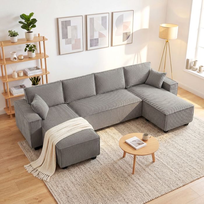 Canapé dangle en U - Double méridienne - Velours côtelé gris - Assise à ressorts ensachés & mousse - 311 cm 4 places