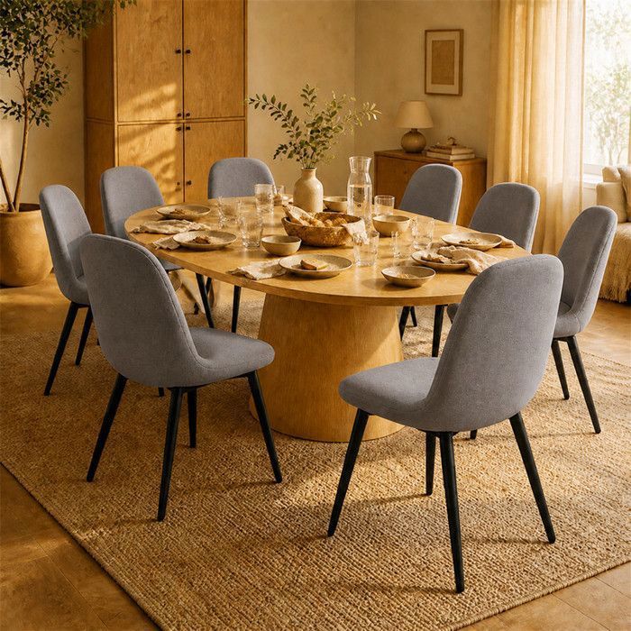 Lot de 8 Chaises Salle à Manger HavenlyHome Lin Dossier Ergonomique Pied Métal pour Salon Cuisine Chambre à Coucher Gris