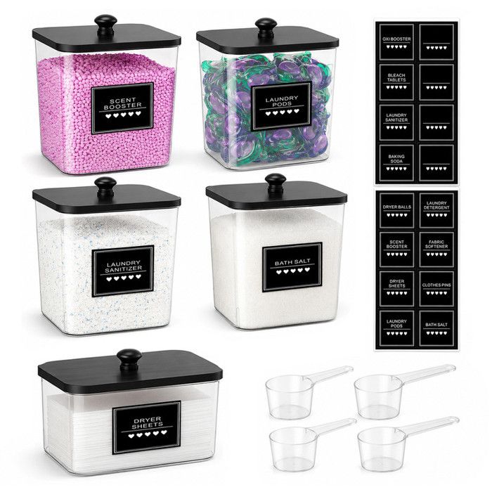 5PCS boîtes de rangement pour poudre à lessive 4L/28L avec couvercle en bambou 4 cuillères 20 étiquettes pour poudres