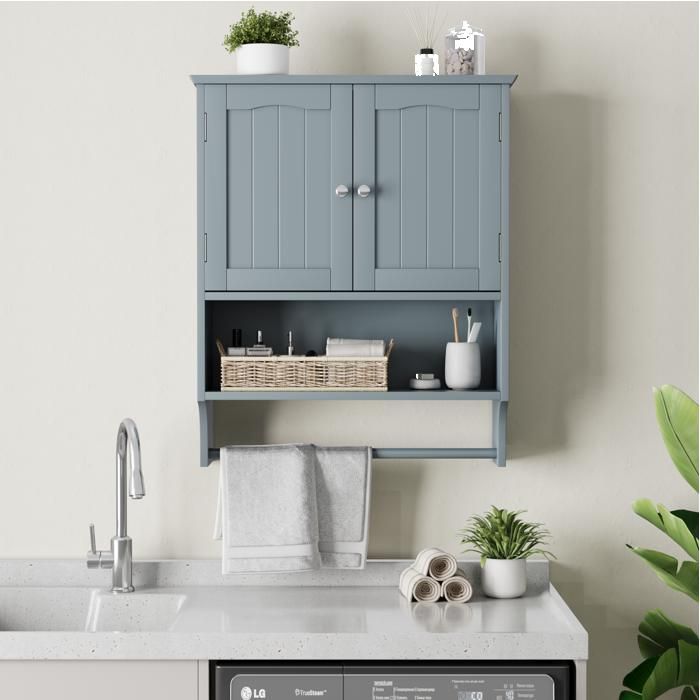 WOVREO Armoire murale de salle de bain 56 8 x 19 x 70 cm avec 2 portes étagère ouverte et porte-serviettes