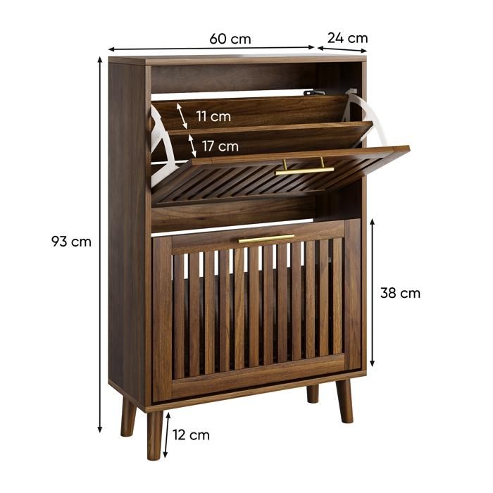 Armoire à chaussures en bois - Style médiéval-moderne - Noyer - 60x24x93 cm - Deux tiroirs rabattables