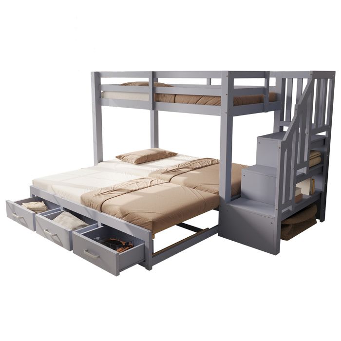 SENVIRO lit superposé 90 x 200 cm lit inférieur extensible 180 x 190 cm escalier de rangement 3 tiroirs gris
