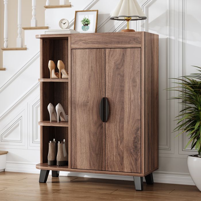 Meuble à Chaussures Entrée LEMLIT 2 Portes Étagères Ouvertes Plateau Haut Effet Bois Gain de Place 80x32x99 cm - Noyer