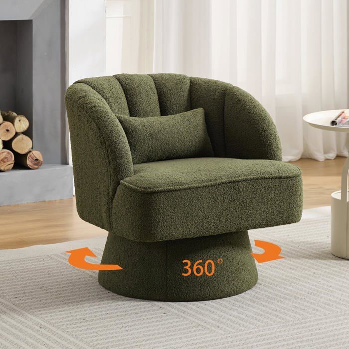 Fauteuil pivotant vert ultra doux 360° forme tonneau rembourrage moelleux dossier rayé velours salon chambre lecture
