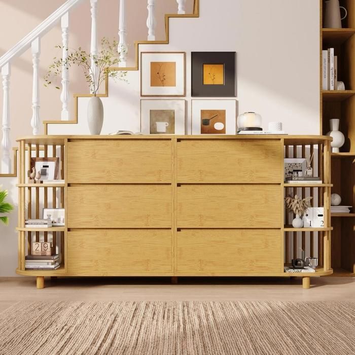 Commode / Sideboard - KOMHTOM - Style romain - 160x40x75 cm - 6 tiroirs - Étagères bambou Commode / Sideboard - KOMHTOM - Style romain - 160x40x75 cm - 6 tiroirs - Étagères bambou