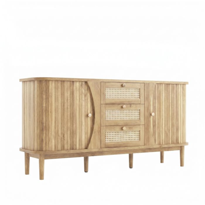 Buffet bas – Bois naturel – 3 tiroirs rotin portes étagères réglables – 1405 cm