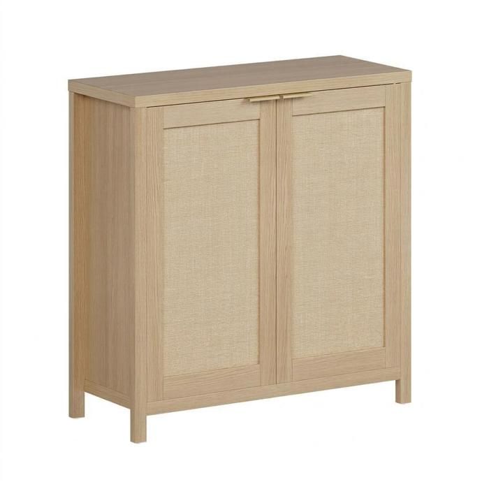 Buffet dentrée en rotin - 2 portes en rotin étagère réglable - Meuble de rangement scandinave pour salon cuisine-87x35x79cm-chêne