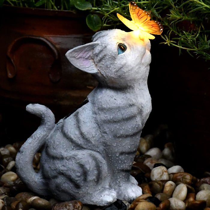 Lampe solaire LED pour chat - 26 x 16 cm - Blanc chaud - Avec batterie - Avec batterie - Pour le jardin - Avec chaton