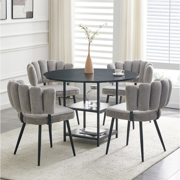 VUENOR Table à manger ronde 107 cm noire et grise – ensemble 4 chaises double rangement