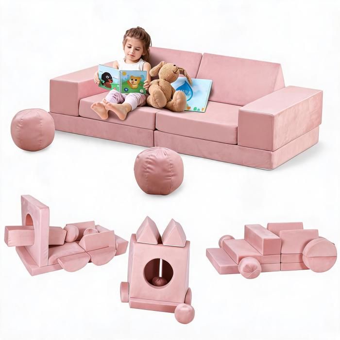 Koioplie Canapé enfant modulable 12 pièces en mousse play couch convertible pour cabane tunnel housses amovibles lavables Rose