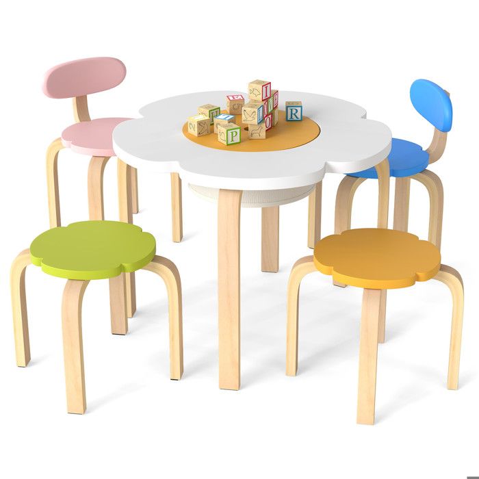 Ensemble table enfant fleur en bois avec chaises et tabourets pour jouer étudier et ranger facilement