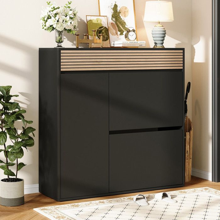 Armoire à chaussures avec 1 porte+2 porte pivotantes vers le bas armoire de rangement pour entrée noir + bois naturel 100x35x105cm