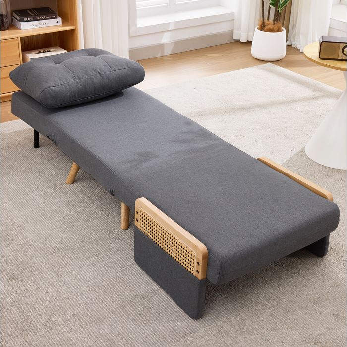 Maisentiel Fauteuil convertible 3 en 1 gris tissu lin dossier 5 positions accoudoirs rotin 67 5 x 73 x 86 5 cm