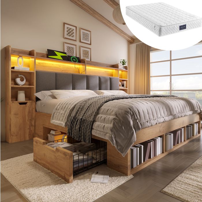 Lit combiné 160 x 200 cm décor chêne et gris avec LED rangements et USB-C