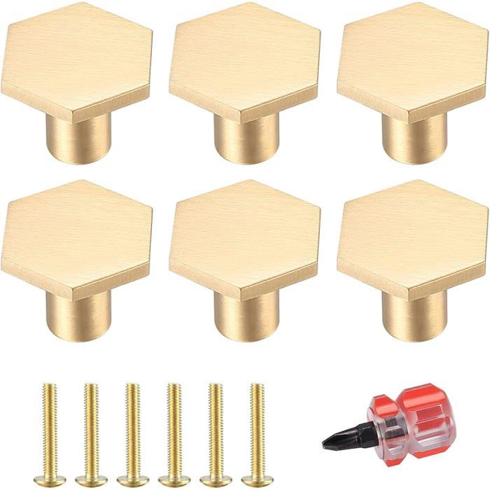 6 Pièces Boutons de PortesBoutons Armoire LaitonBoutons de Meuble DoréBoutons de Tiroir de CommodeHexagonal 0.87*0.71 inch