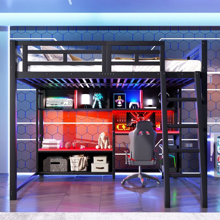 Lit mezzanine gaming métal 140x200 cm avec bureau éclairage RGB LED et étagères de rangement lit surélevé noir pour adolescent