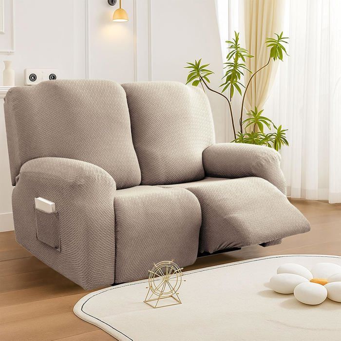 Lot de 6 housses de fauteuil relax jacquard à rayures extensibles pour canapé relax 2 places et fauteuil TV poches intégrées