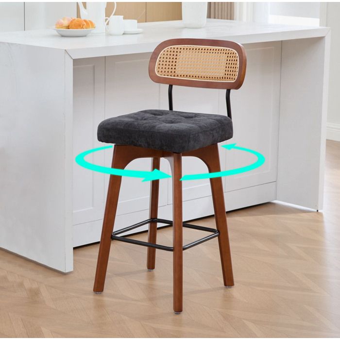 Lot de 2 chaises hautes de bar 360° pivotantes dossier en rotin assise en chenille 67 5 cm style Mid-Century noir