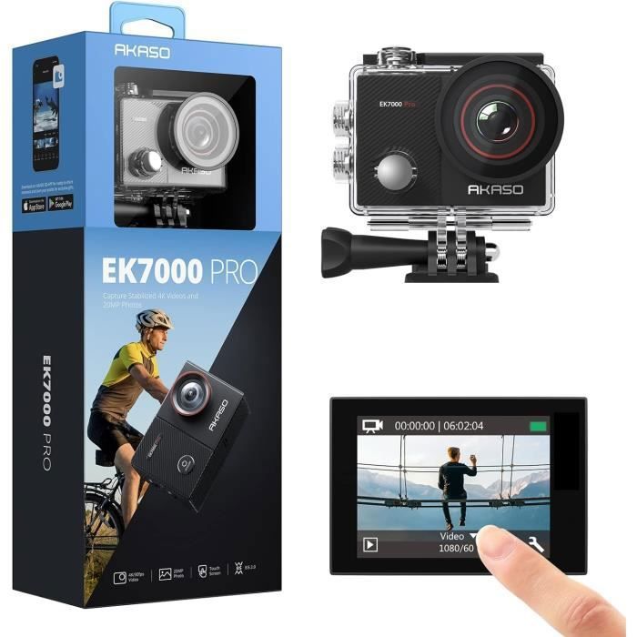 AKASO EK7000 Pro Caméra Sport 4K 30fps 20MP WiFiavec Ecran LCD Tactile Ultra HD Stabilisateur, Télécommande 2.4 G étanche 40M Noir