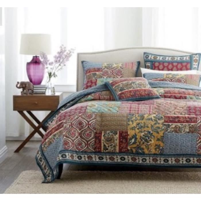 G/én/érique Couvre lit de boutis 100/% Coton avec Conception de Patchwork 230X250cm avec 2 Taies 65X65cm/_MM18Z566 Vert et Rouge