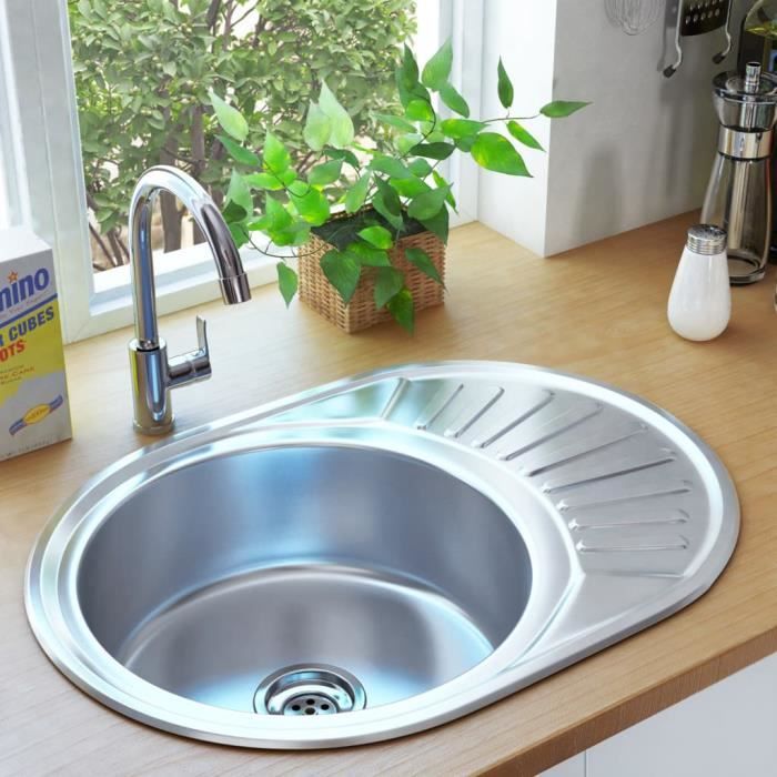 Évier de cuisine JILI - Ovale Acier inoxydable - Gris - Haute qualité avec crépine et piège