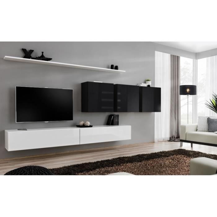 ensemble meuble tv mural  - switch vii - 340 cm x 150 cm  x 40 cm - blanc et noir