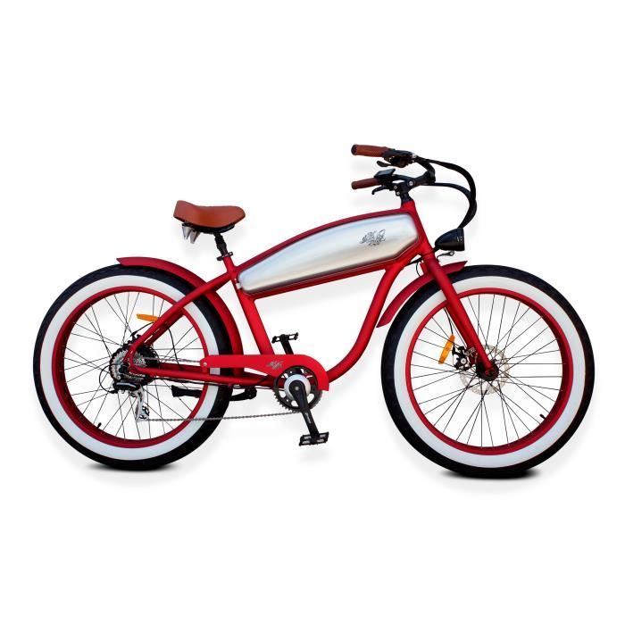 Vélo Électrique Cruiser Vintage Retro Chopper - Outlaw - Roue arrière - 370Wh - Rouge métallisé et Inox