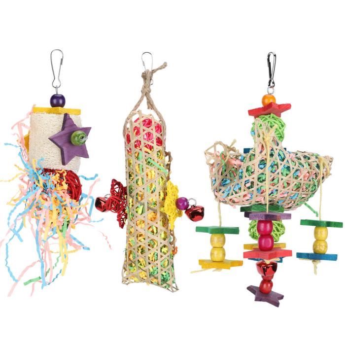 Meilleurs prix pour Drfeify Jouet de jeu de perroquets 3 pièces rotin papier oiseau suspendus Cage jouets avec crochet perroquets mordant jouet à