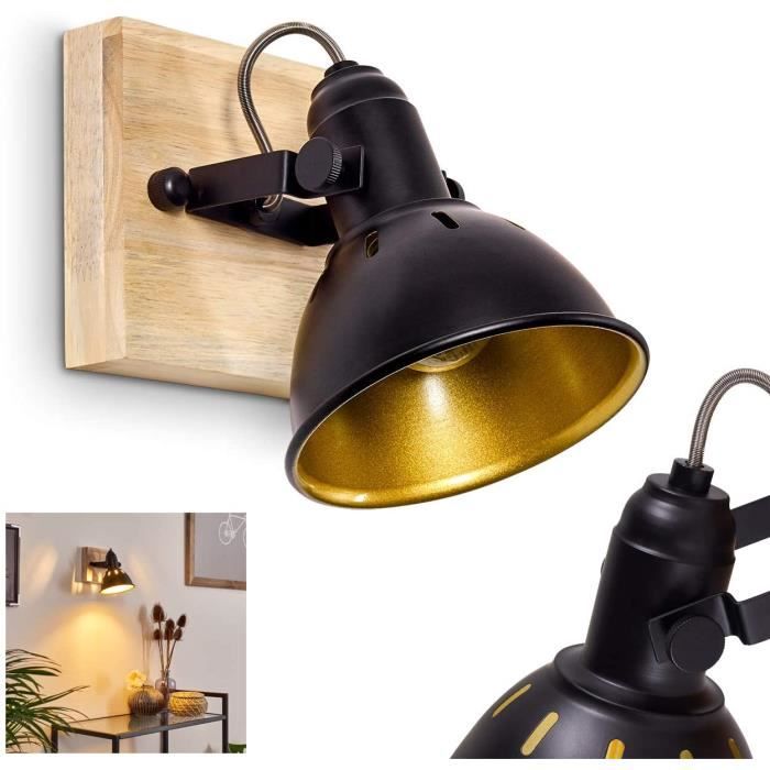 Applique murale Tina en bois et metal noir et or, spot rotatif de style ...