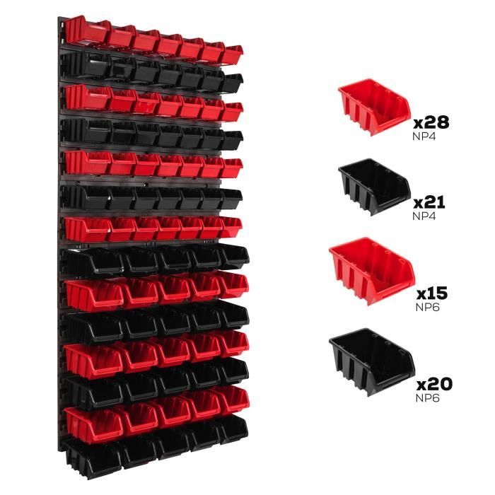 Étagères murales - BOTLE - 58 x 117 cm - Rouge et Noir - 84 boîtes empilables