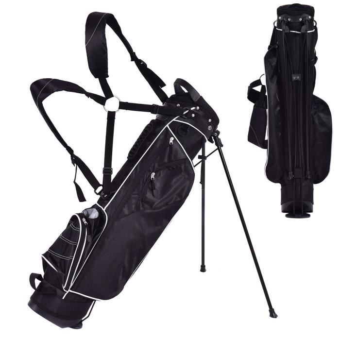 COSTWAY Sac de Golf Trépied Portable-Compartiments à 4 Voies-4 Poches Zippées-Sac Isotherme-Bandoulière Double-Housse de Pluie-Noir