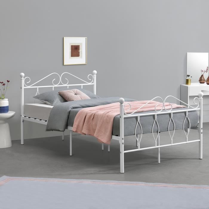 cadre de lit simple apolda en métal 120 x 200 cm blanc mat [en.casa]