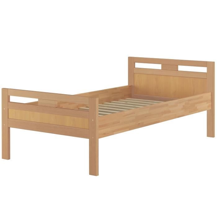 Lit simple en hêtre naturel 90x200 design décoratif avec sommier à lattes en bois 60.74-09